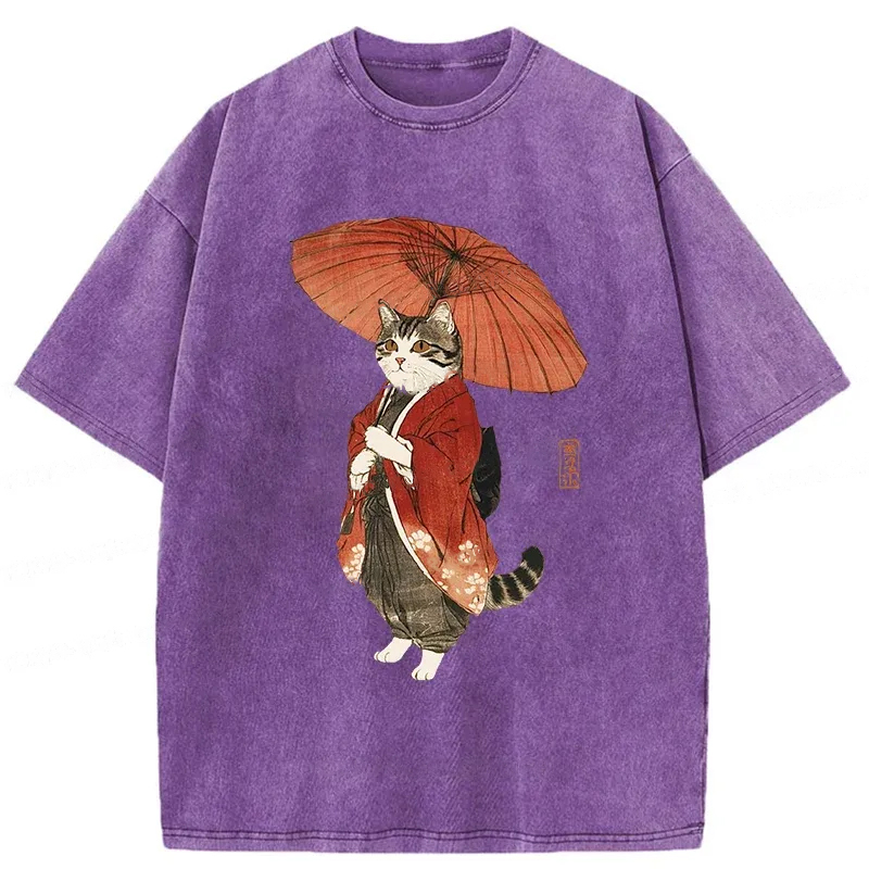 Modecanvas Elegant Cat Holding Umbrella Washed T-Shirt-modecanvas