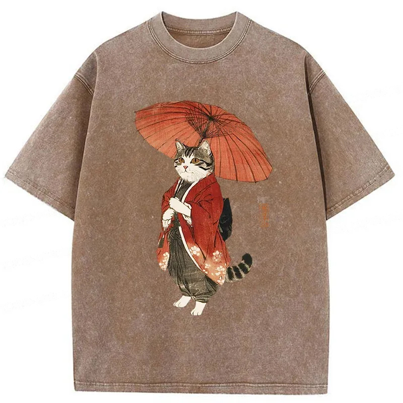Modecanvas Elegant Cat Holding Umbrella Washed T-Shirt-modecanvas