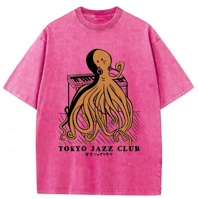Modecanvas Octopus Playing Piano Washed T-Shirt-modecanvas