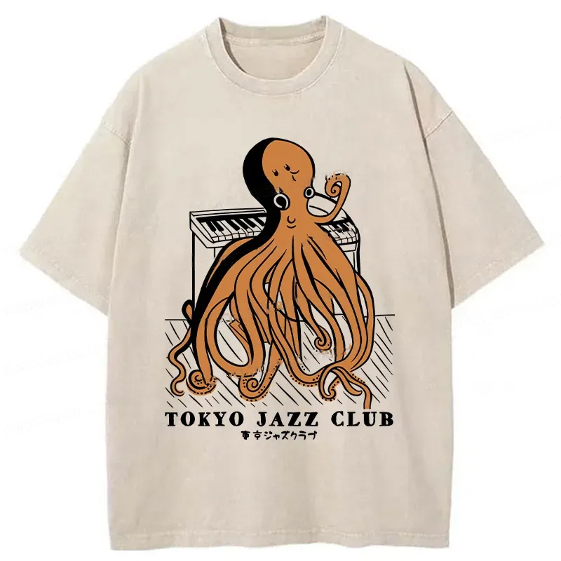 Modecanvas Octopus Playing Piano Washed T-Shirt-modecanvas