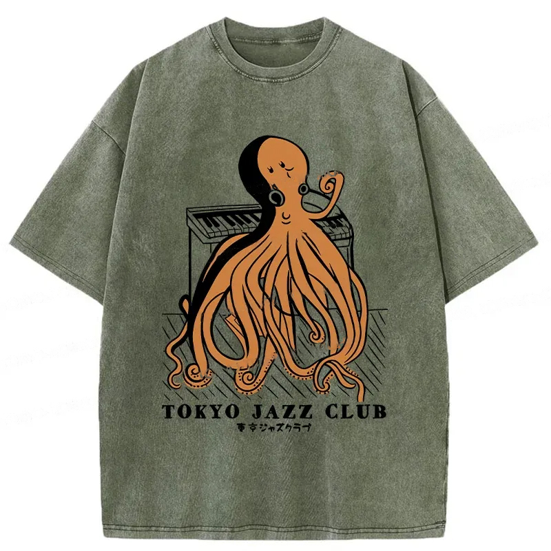 Modecanvas Octopus Playing Piano Washed T-Shirt-modecanvas