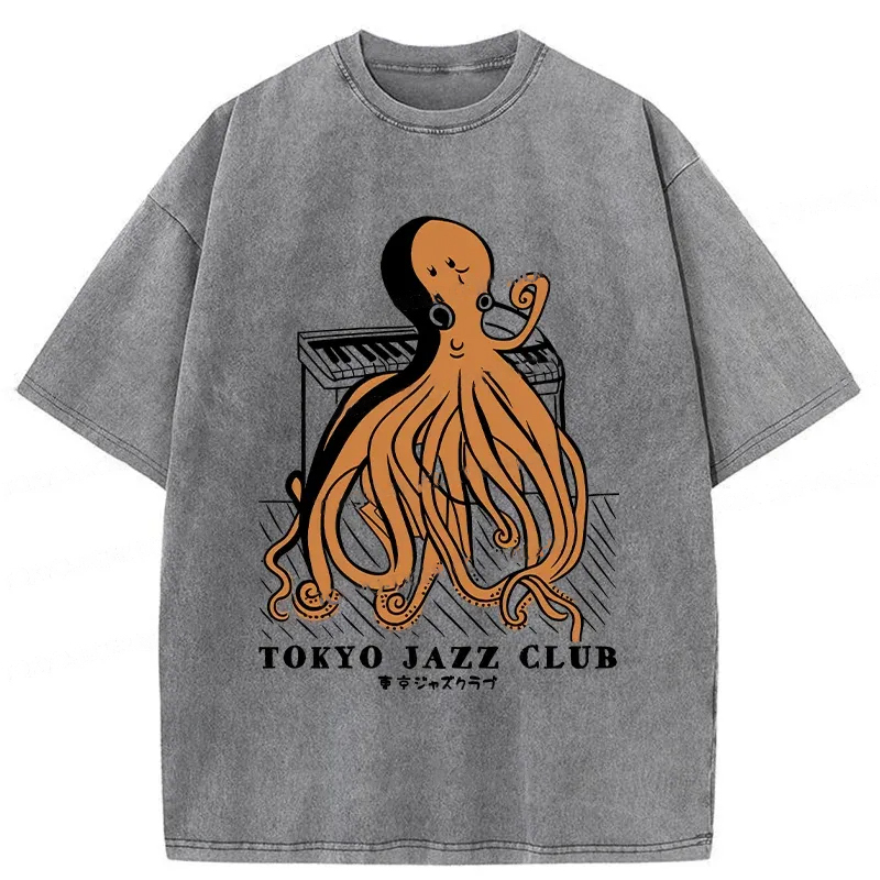 Modecanvas Octopus Playing Piano Washed T-Shirt-modecanvas
