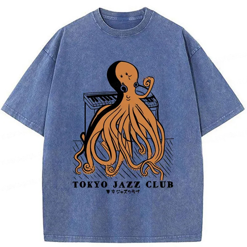 Modecanvas Octopus Playing Piano Washed T-Shirt-modecanvas