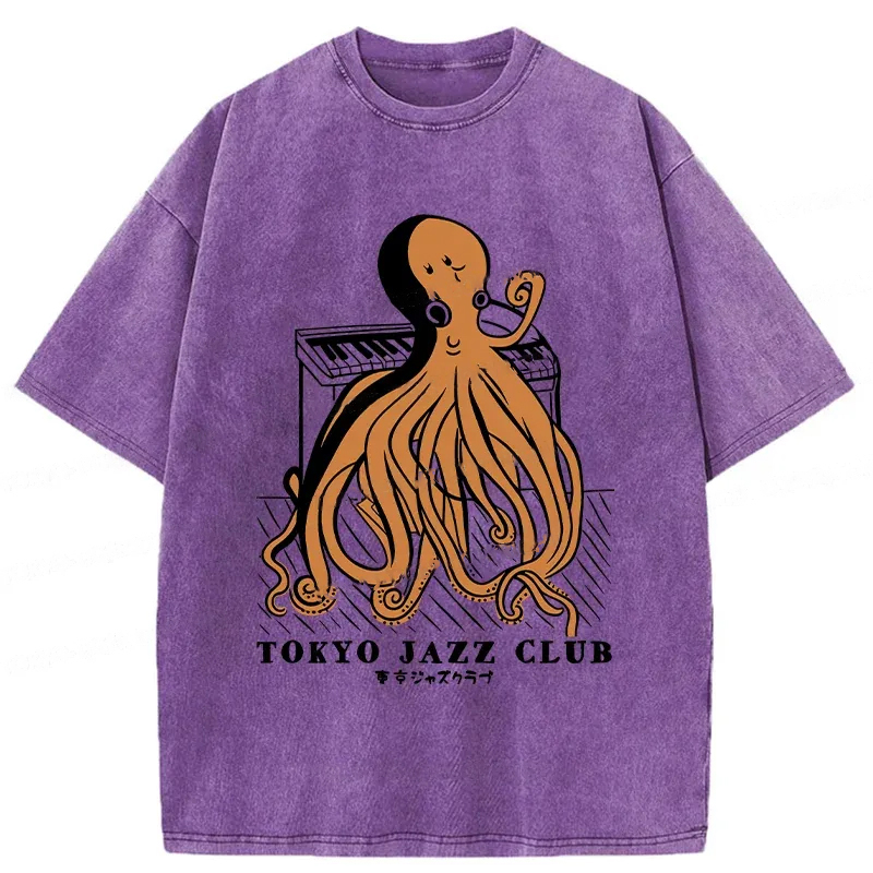 Modecanvas Octopus Playing Piano Washed T-Shirt-modecanvas