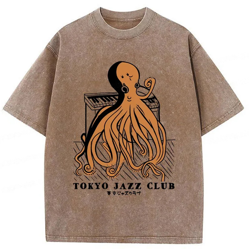 Modecanvas Octopus Playing Piano Washed T-Shirt-modecanvas