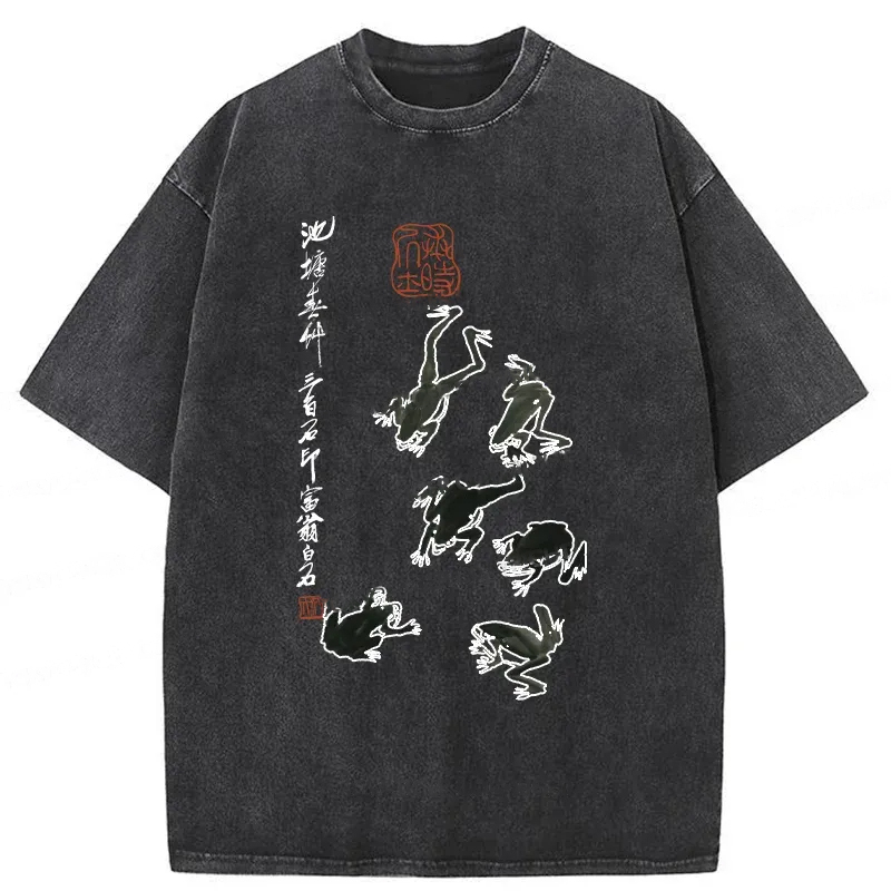 Modecanvas Retro Japan Frog Washed T-Shirt-modecanvas