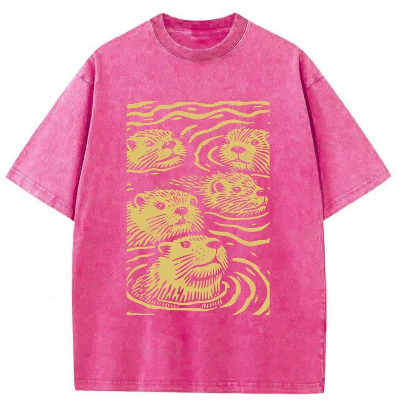 Modecanvas Woodcut Otter Washed T-Shirt-modecanvas