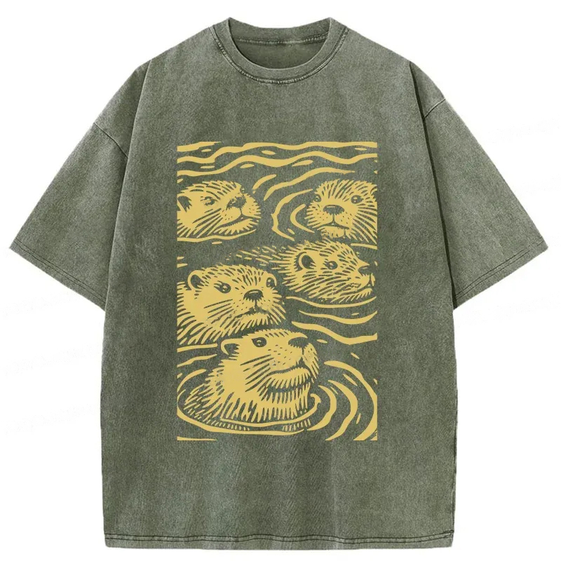 Modecanvas Woodcut Otter Washed T-Shirt-modecanvas