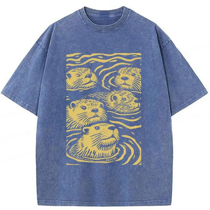 Modecanvas Woodcut Otter Washed T-Shirt-modecanvas