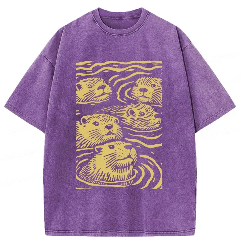 Modecanvas Woodcut Otter Washed T-Shirt-modecanvas
