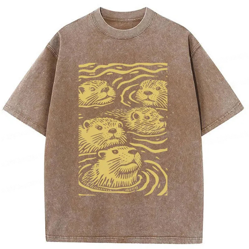 Modecanvas Woodcut Otter Washed T-Shirt-modecanvas