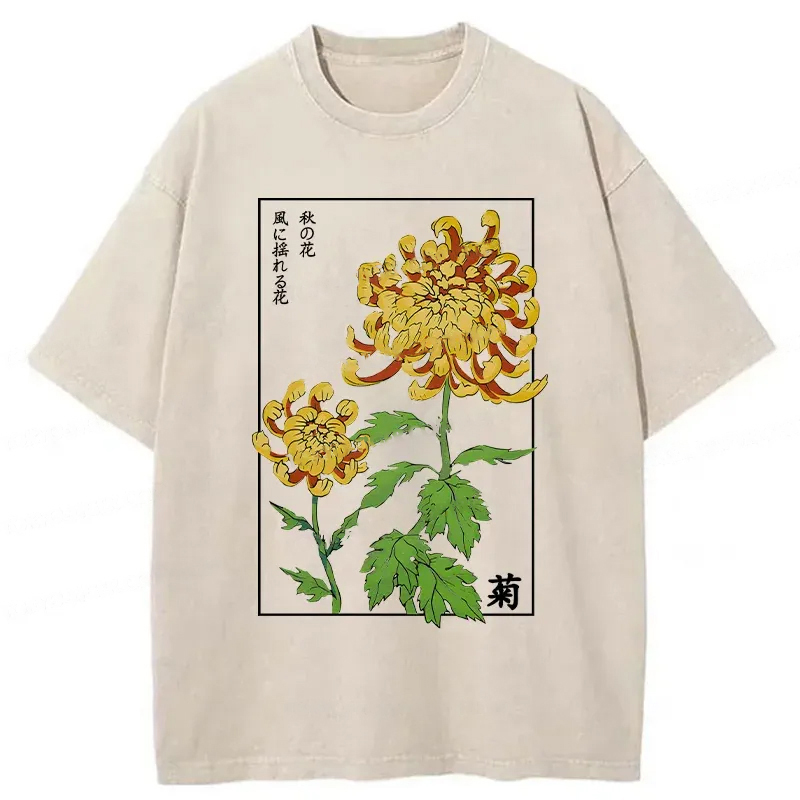 Modecanvas Retro Chrysanthemum Washed T-Shirt-modecanvas