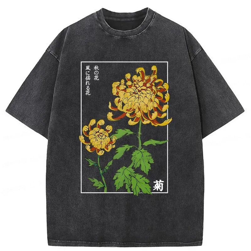 Modecanvas Retro Chrysanthemum Washed T-Shirt-modecanvas