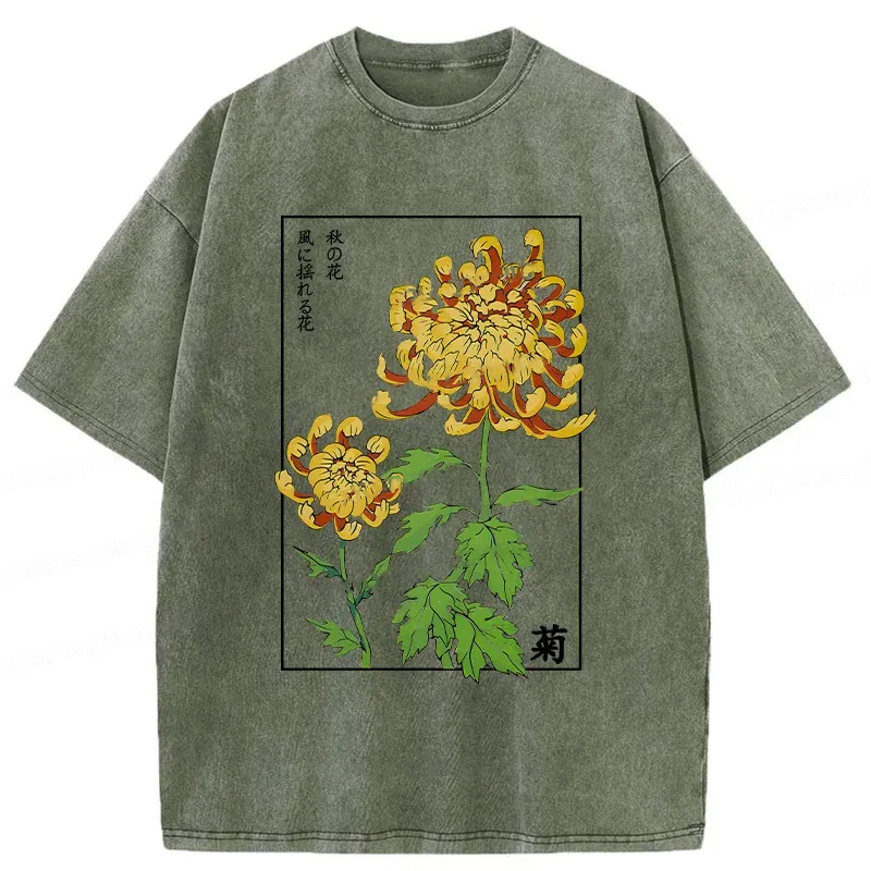 Modecanvas Retro Chrysanthemum Washed T-Shirt-modecanvas