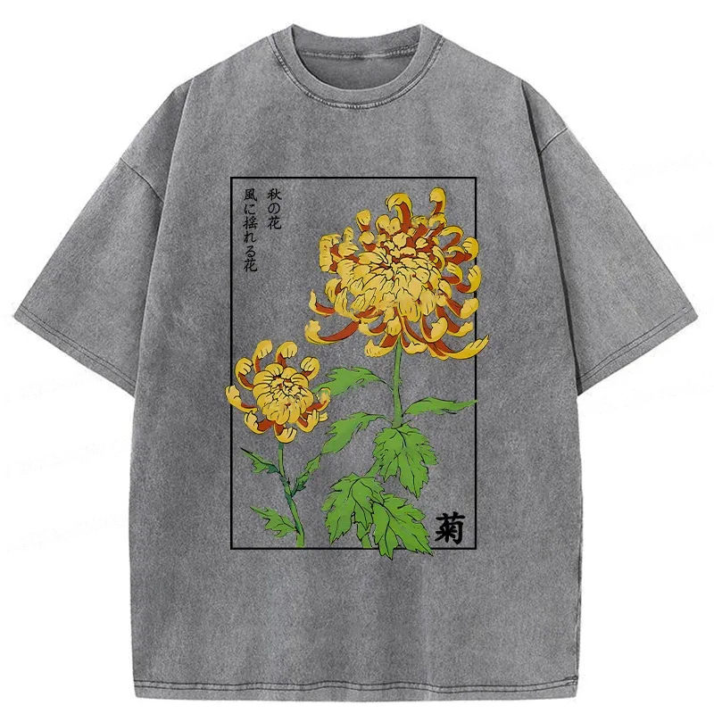 Modecanvas Retro Chrysanthemum Washed T-Shirt-modecanvas