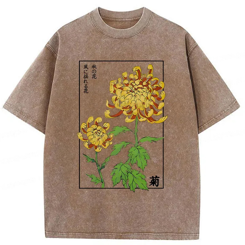 Modecanvas Retro Chrysanthemum Washed T-Shirt-modecanvas