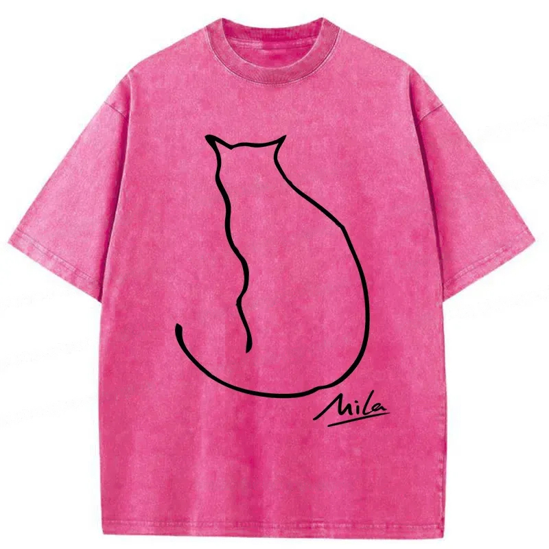 Modecanvas Simple Drawing Cat Washed T-Shirt-modecanvas