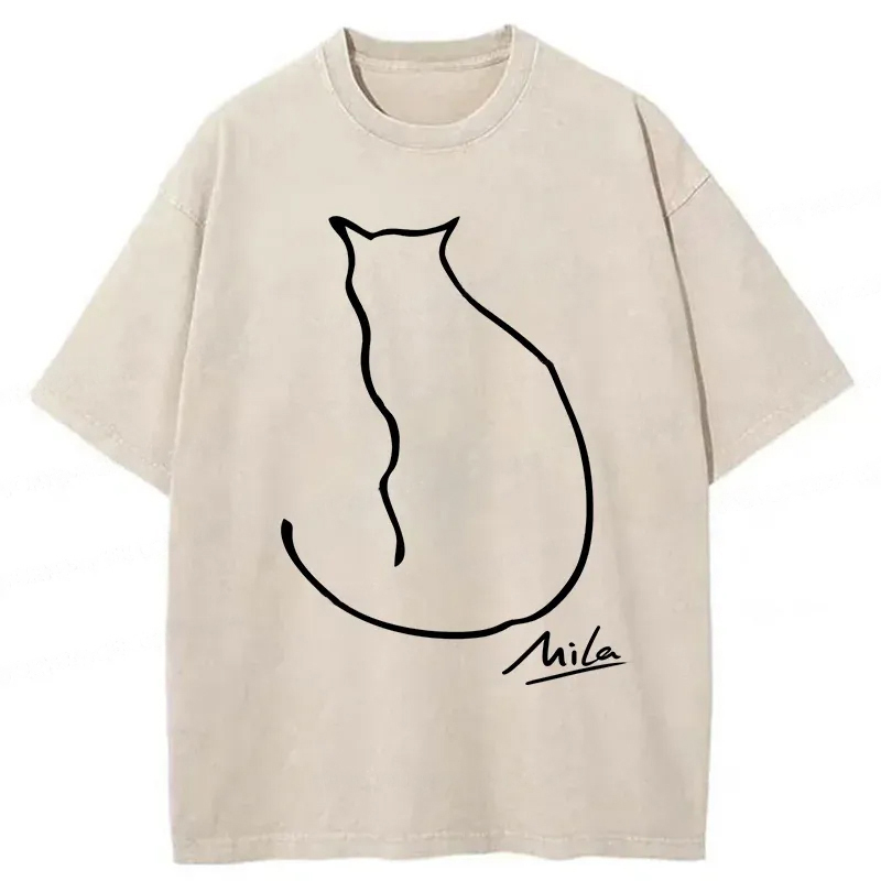 Modecanvas Simple Drawing Cat Washed T-Shirt-modecanvas