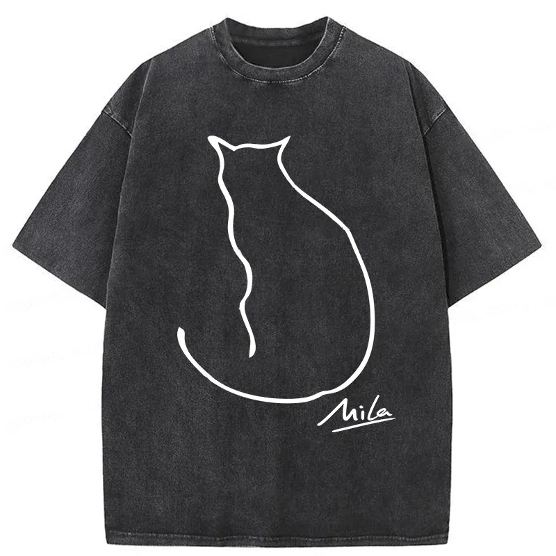 Modecanvas Simple Drawing Cat Washed T-Shirt-modecanvas