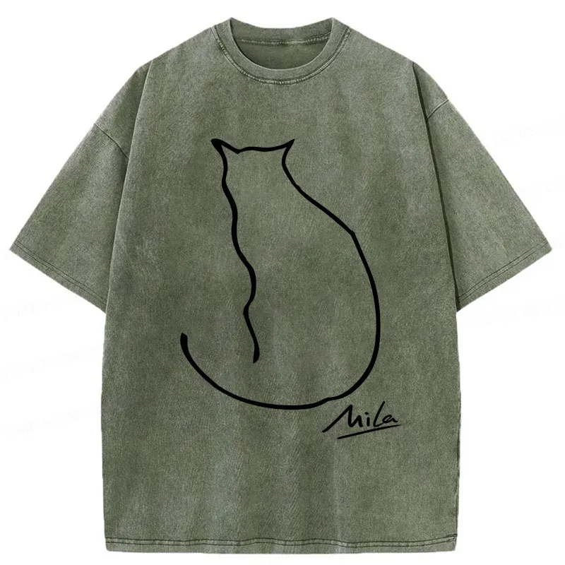 Modecanvas Simple Drawing Cat Washed T-Shirt-modecanvas