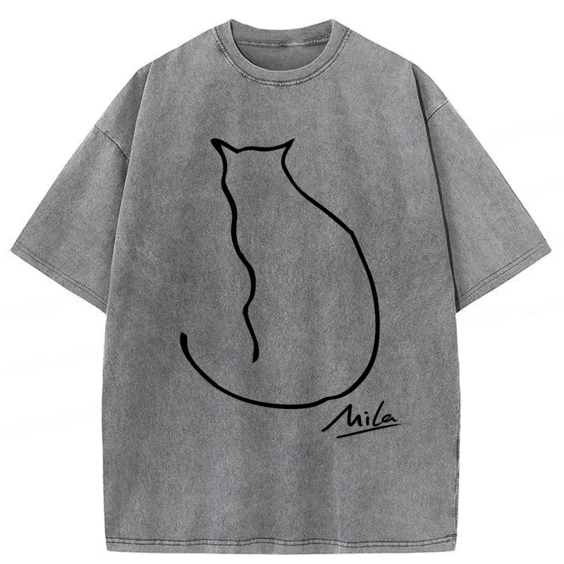 Modecanvas Simple Drawing Cat Washed T-Shirt-modecanvas