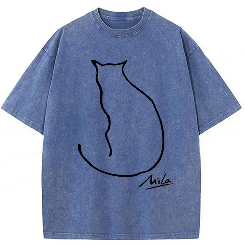 Modecanvas Simple Drawing Cat Washed T-Shirt-modecanvas