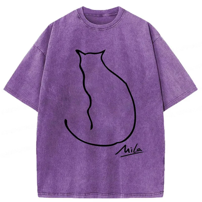 Modecanvas Simple Drawing Cat Washed T-Shirt-modecanvas
