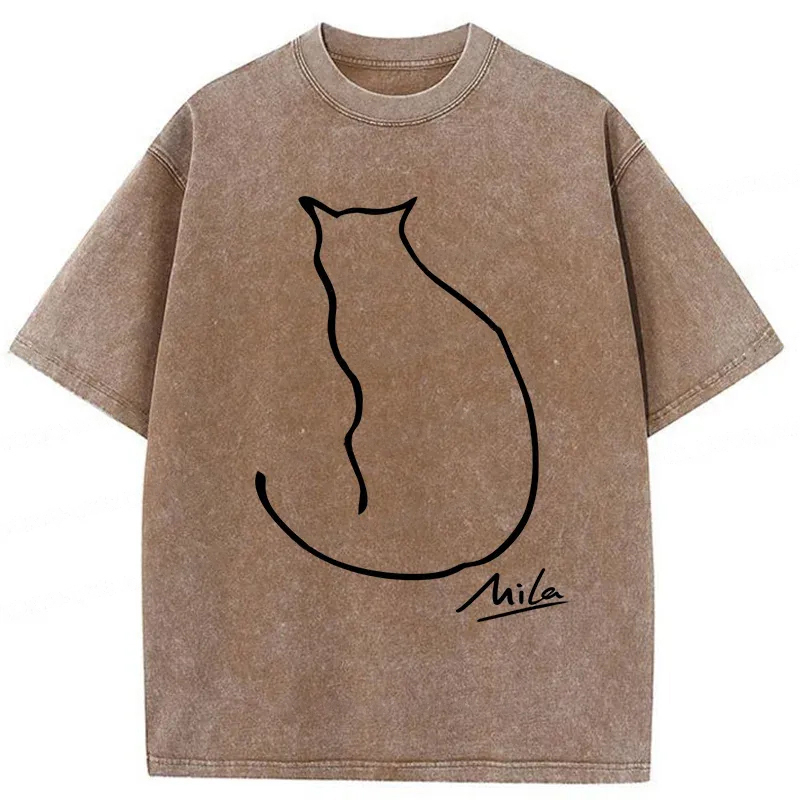 Modecanvas Simple Drawing Cat Washed T-Shirt-modecanvas