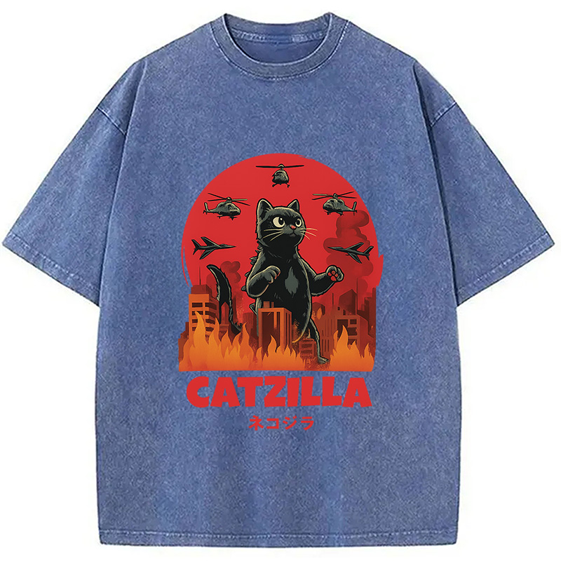 Modecanvas Catzilla Cat Japanese Vintage Washed T-Shirt