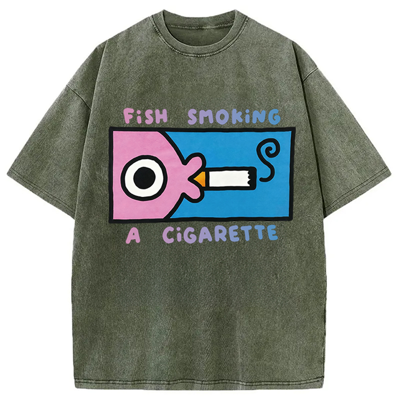Modecanvas Fish Smoking A Cigarette DTG Printing Washed T-Shirt