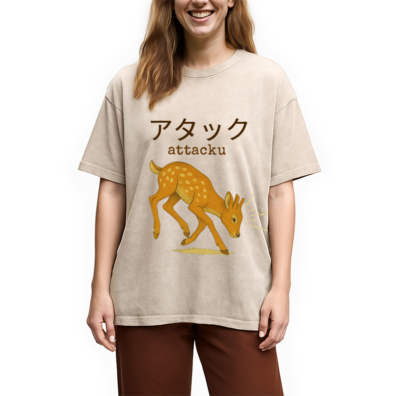 Modecanvas Funny Japanese Deer Washed T-Shirt