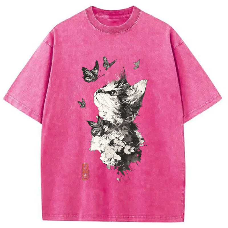 Modecanvas Butterfly and Cat Gaze DTG Printing Washed T-Shirt-modecanvas