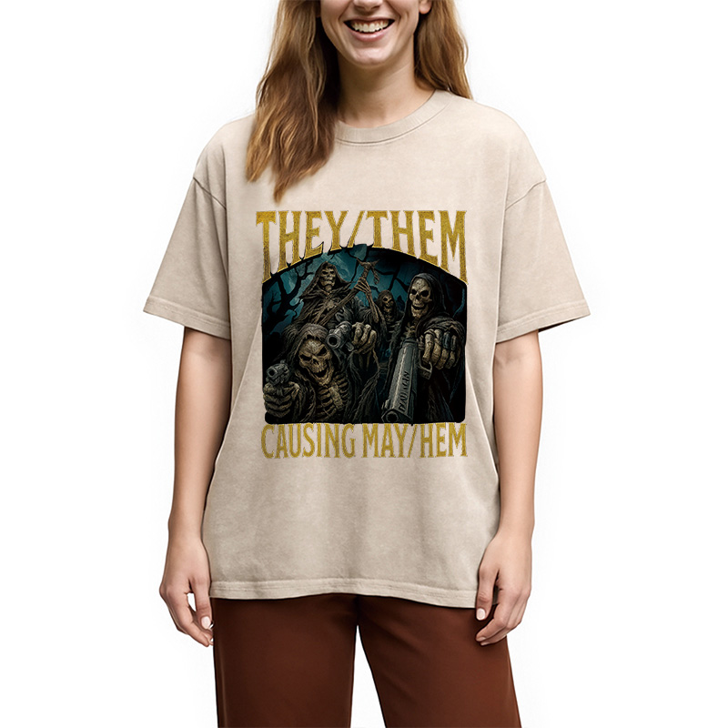 Modecanvas They Them Causing Mayhem Funny Washed T-Shirt