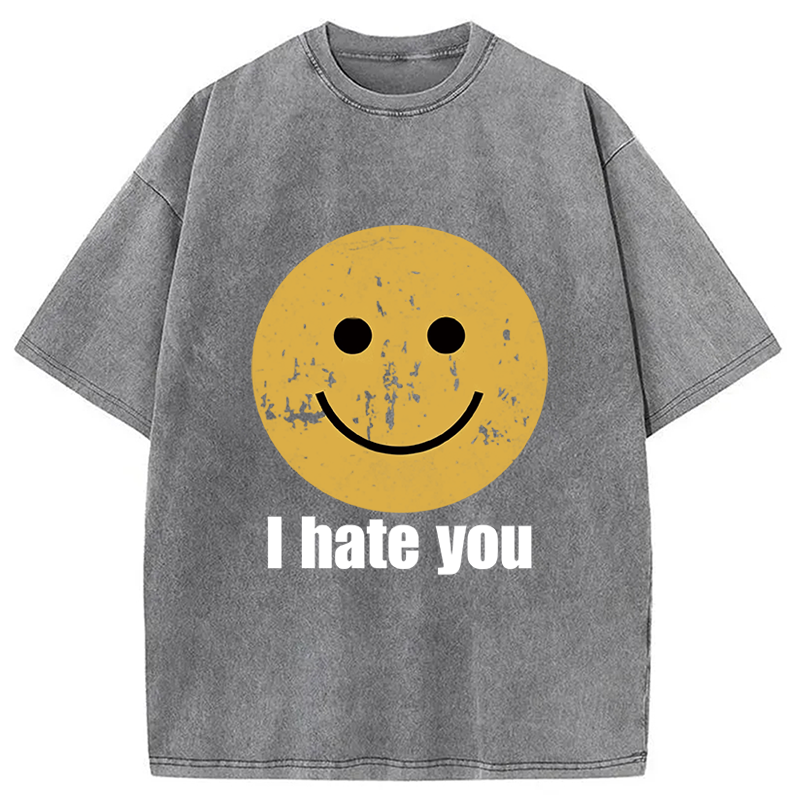 Modecanvas I Hate You Smiley Face Washed T-Shirt-modecanvas