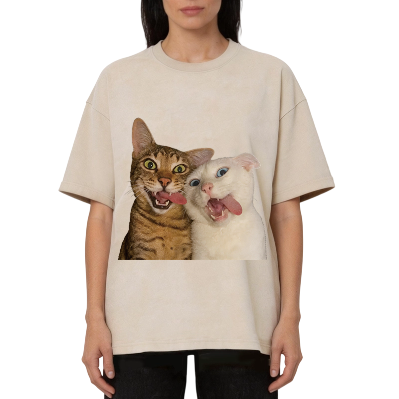 Modecanvas Funny Cat Tongue Out DTG Printing Washed T-Shirt