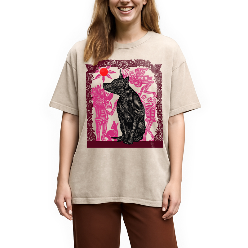Modecanvas Day Of The Dog Woodcut DTG Printing Washed T-Shirt