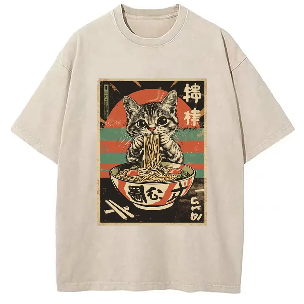 Modecanvas Kawaii Cat Lover Ramen Washed T-Shirt