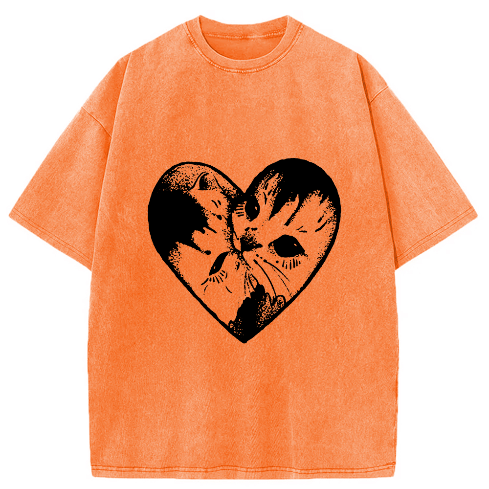 Modecanvas Heart Double Cats Washed T-Shirt