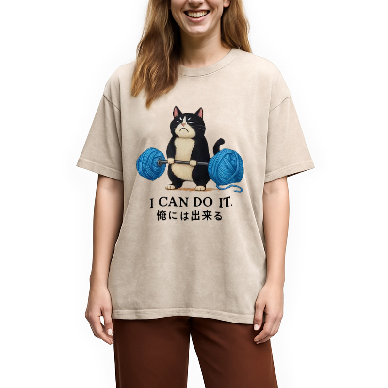 Modecanvas Cat Lifting Weight Washed T-Shirt