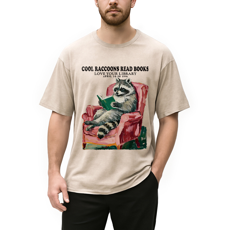 Modecanvas Cool Raccoon Reads DTG Printing Washed T-Shirt-modecanvas