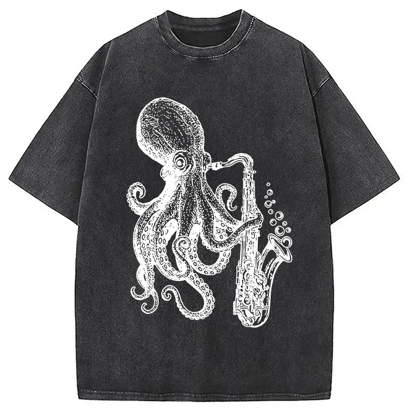 Modecanvas Octopus Playing Saxophone Washed T-Shirt