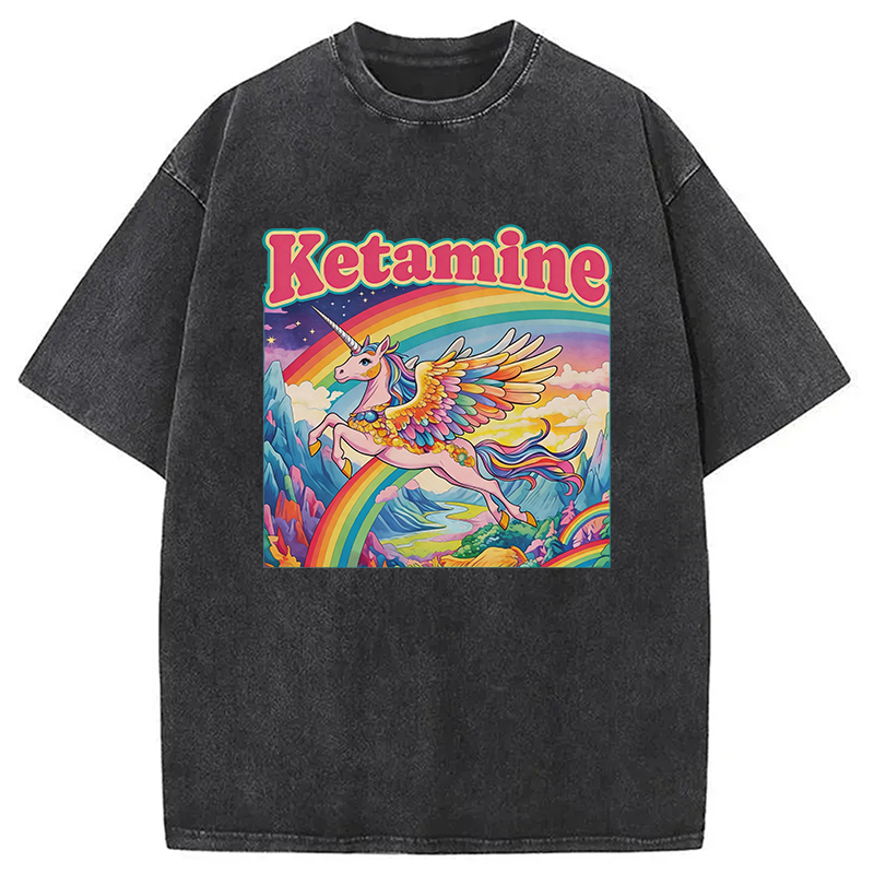 Modecanvas Ketamine Rainbow Unicorn Funny Meme DTG Printing Washed T-Shirt