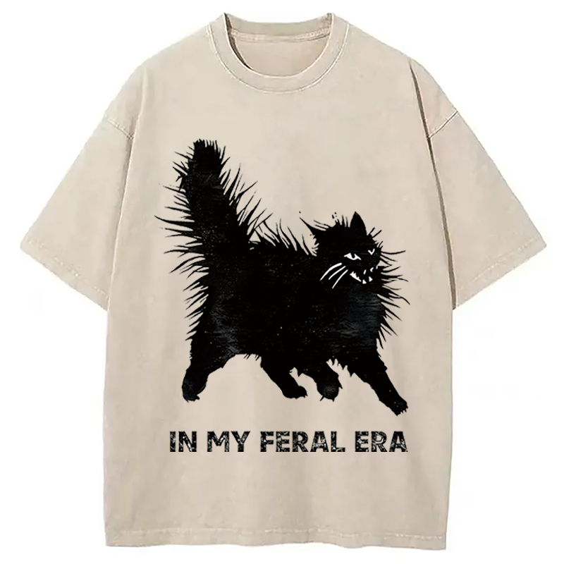 Modecanvas Wild Black Cat DTG Printing Washed T-Shirt