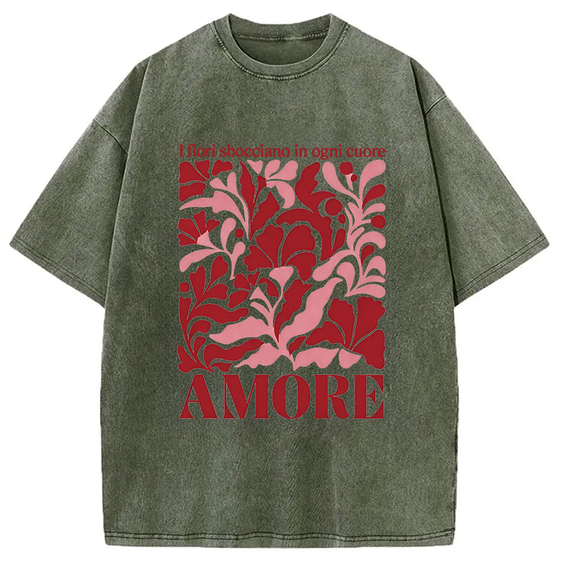 Modecanvas Red Floral Amore DTG Printing Washed T-Shirt-modecanvas
