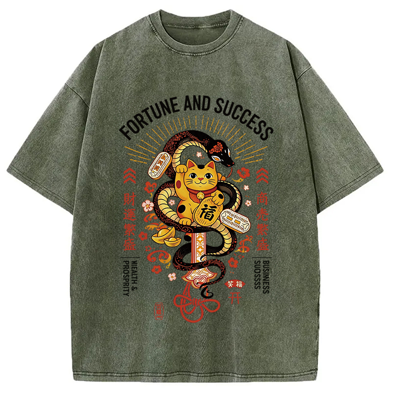 Modecanvas Fortune And Success Maneki Neko DTG Printing Washed T-Shirt