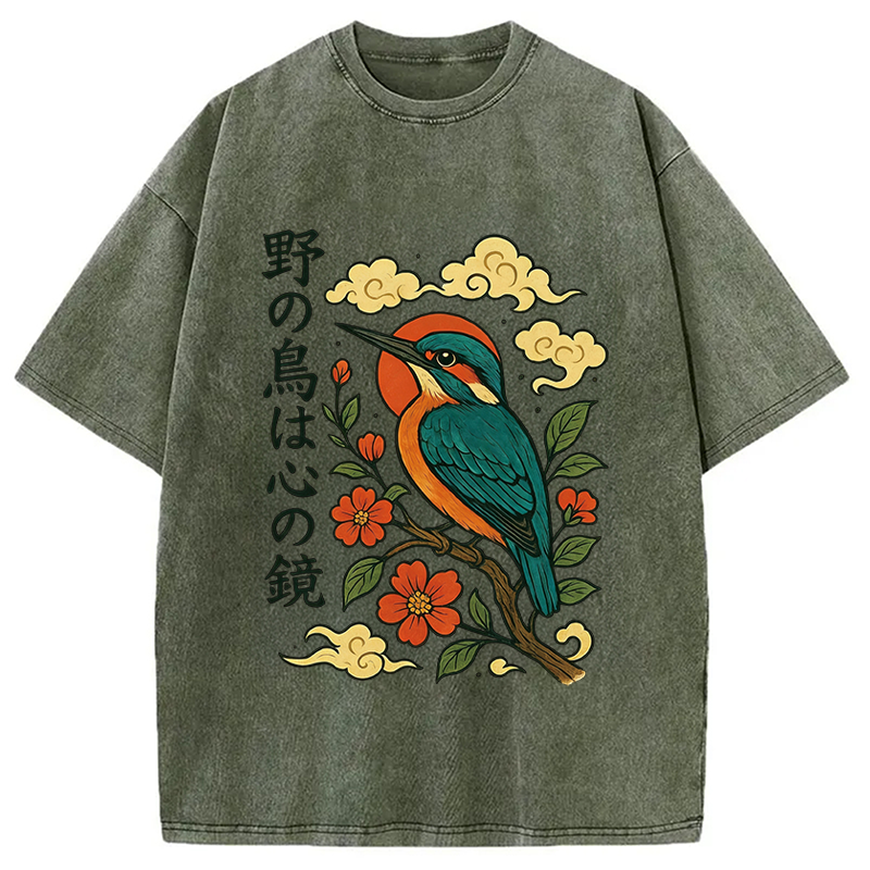 Modecanvas Japanese Kingfisher DTG Printing Washed T-Shirt