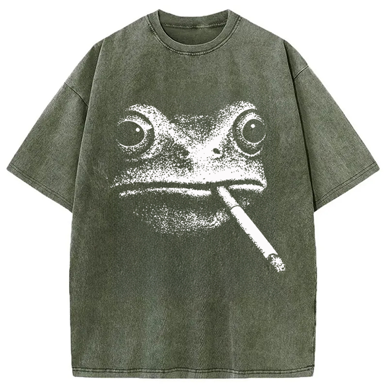 Modecanvas Vintage Smoking Frog DTG Printing Washed T-Shirt