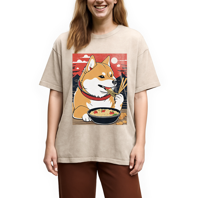 Modecanvas Cute Shiba Inu Dog Eating Ramen DTG Printing Washed T-Shirt