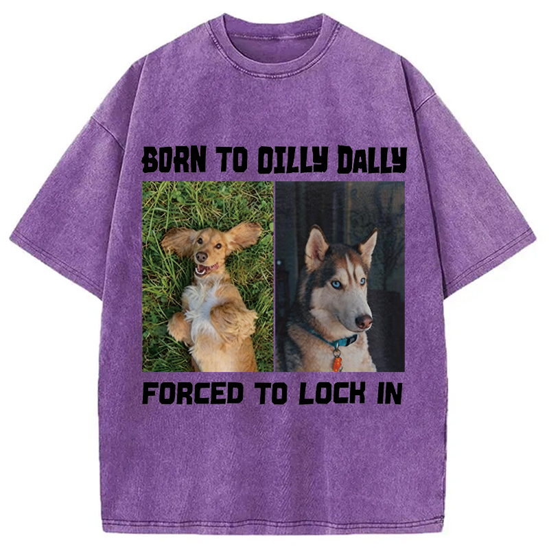 Modecanvas Born to Dilly Dally Forced to Lock In Funny Dog Meme DTG Printing Washed T-Shirt