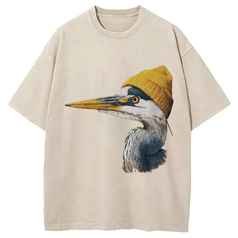 Modecanvas Blue Heron Wearing Beanie DTG Printing Washed T-Shirt